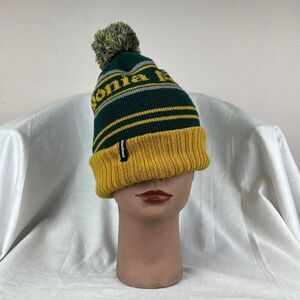 Patagonia Green and Yellow Striped Beanie with Pom Pom